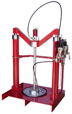 Bastidor bicolumna con bomba ratio 50:1 para bidones de grasa de 25 kg.